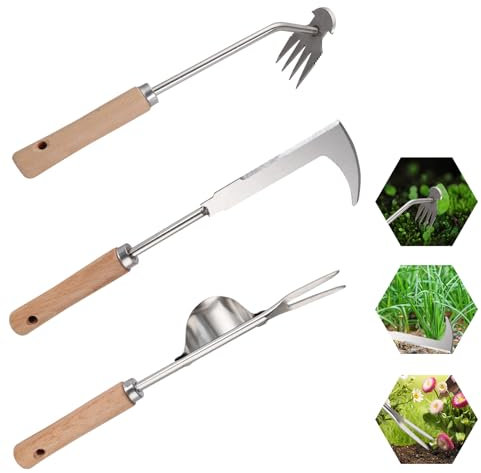 Foyucool 3 Piezas Extractor Malas Hierbas con Mango de Madera, Desherbador Manual de Acero Inoxidable, Weeder de Mano de Jardín Azadillas, Fácil Almacenamiento, Plantar y Desherbar