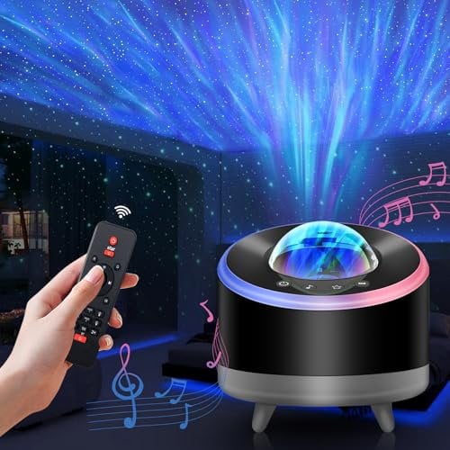 LED Sternenhimmel Projektor mit Bluetooth Lautsprecher, 3 IN 1 Galaxy Sternenlicht Projektor Kinder Erwachsene mit Fernbedienung und 360°Rotierende Aurora für Party, Auto, Zimmer (Schwarz)