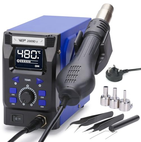 WEP 2009D-II Hot Air Rework Soldering Station, Hot Air Rework Station with Detachable Hot Air Gun, 4 Preset Channels, Digital LED Display, Adjustable Temperature 100-480℃, PID Temp Stabilization(UK)