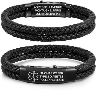 Armband Herren Lederarmband Personalisierte Medizinisches Notfallarmband | Verstellbare Medizinisches Alarm SOS ID Armband mit Gravur Diabetes Epilepsie Allergie Name Telefonnummer Armbänder Herren