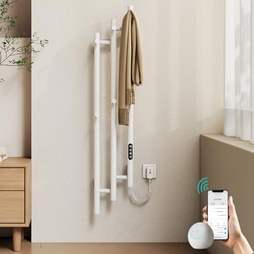 EMKE Elektrischer Handtuchheizkörper 1150 x 216 mm, Design-Handtuchwärmer mit WiFi-App-Steuerung, Badheizkörper mit 6 Haken, 220 W, IP45, Weiß