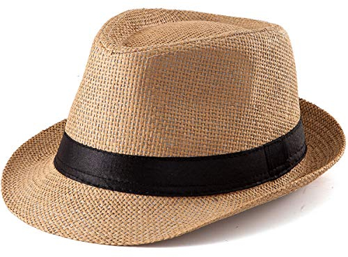 LADYBRO Sommer Stroh Trilby Hut für Herren 1920er Kurze Krempe Fedora Hut, 58cm, Khaki
