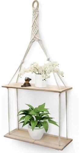GEEZY 2 Tier Hanging Floating Macrame Rope Shelf Wooden Storage Kitchen Wall Boho Decor Gift (HANGING SHELF 30x10x72 cm)