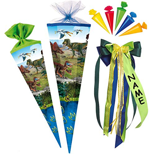 alles-meine.de GmbH Set Schultüte Größenwahl + 5 kleine Zuckertüten - Dinosaurier - Dinosaurs/Dino - 100 cm - eckig - incl. individueller großer Schleife - mit Namen - ..