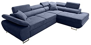 Robin Saturn Premium Ecksofa Schlaffunktion Bettkasten Verstellbare Kopfstützen Kissen Sofa L-Form Schlafsofa Freistehende Eckcouch Schlafcouch Wohnzimmermöbel Wohnlandschaft Rechts Marineblau