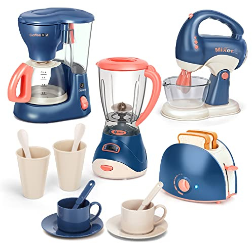 Yalujumb Pretend Play Kitchen Appliances Toy Set with Coffee Maker Machine,Blender, Mixer and Toaster with Realistic Light and Sounds for Kids Ages 4-8