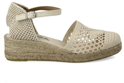PAYMA - Sandali Bassi con Zeppa de Juta Sparto per Donna. Fatto in Spagna all'uncinetto. Espadrillas con Tacco Basso. Suola in Tessuto. Fibbia alla Caviglia. Colore: Beige. Taglia: EU 38