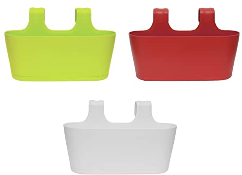 Engelland 3 x Blumenkasten zum Auf-Hängen, Farbmix: Grün, Rot, Weiß, Blumentopf, oval, Balkon, Übertopf, Pflanzkasten, mit Wasserspeicher/Wasserauffangschale