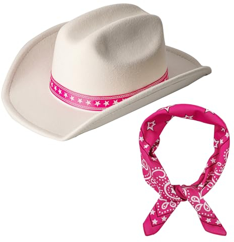 Weißer Cowgirl-Hut mit Bandana, 70er-/80er-Jahre-Kostüm, Filz-Cowboyhüte für Damen und Herren, Halloween, Junggesellinnenabschied, Weiß, Hot Pink, 6-7 1/2
