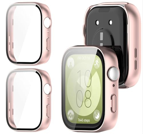 GIOPUEY [2 Pezzi Cover per Huawei Watch Fit 3, Pellicola Protettiva Vetro + Cornice in Plastica Rigida, Huawei Watch Fit 3 Custodia - Matte Pink
