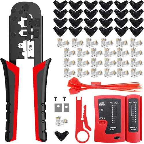 MAYLINE RJ45 Herramienta de cable de Crimpador de red, profesional de Mantenimiento RJ45/CAT5/CAT6, pelacables alicates de, LAN Probador de cables de red 50 Conectores ﻿ (Rojo)