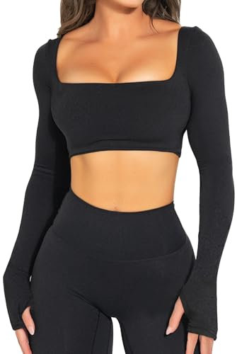 TZLDN Sport Oberteile mit BH Damen Sexy Bauchfrei Enge Langarm Crop Top Shirt Basic Jacke Laufshirt mit Daumenloch Fitness Gym Yoga Pilates Tennis Schwarz S