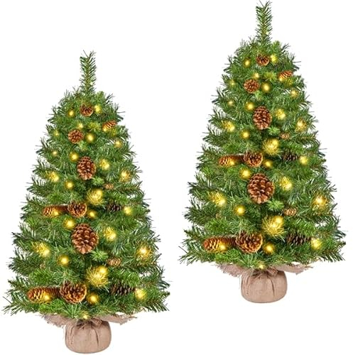 Yaheetech 2er-Set 92 cm Mini Künstlicher Weihnachtsbaum mit 50 Warmweiß LED Beleuchtung & 20 Tannenzapfen Kleiner Christbaum Tisch Tannenbaum für Weihnachtsdeko, Grün