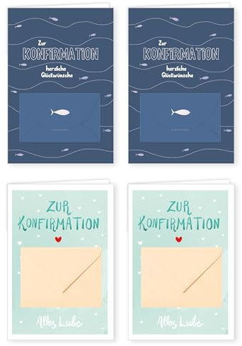 PremiumLine Glückwunschkarten zur Konfirmation | 4 Stück mit Geldkuvert und Umschlag | Konfirmationskarte, Geldkarte, Klappkarte mit Spruch, innen Blanko | 11,5 x 17 cm