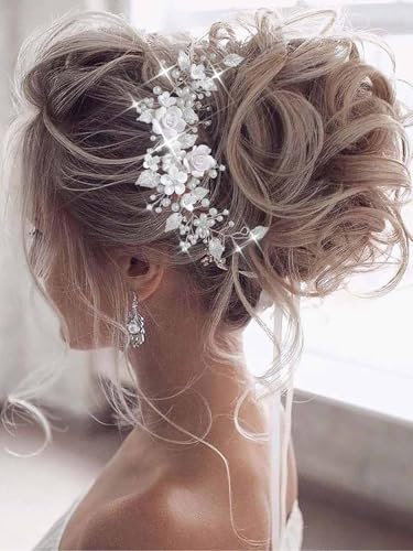 Evlry Blume Braut Hochzeit Haar Rebe Perlen Haarteil Blatt Braut Haarschmuck für Frauen und Mädchen