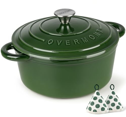 Overmont 26cm/5.2L Enamelled Cast Iron Round Casserole Dish With Lid,5.5QT, Cookbook -Non-stick Dutch Oven for Braising, Stews, Roasting, Bread Baking - Highlighter green