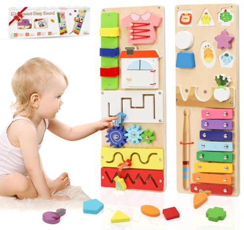 LZDMY Baby Montessori Sensory Toys for 1 2 3 Year Olds, 2 PCS Wooden Busy Board Educational Activity Sorting Toy, Toddlers Travel Toys, 1st Birthday Gifts for Boys Girls