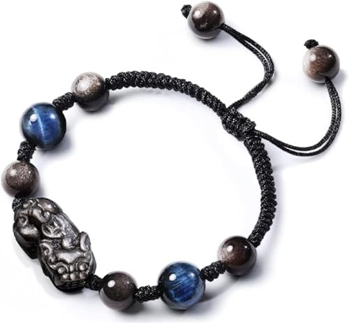 ByNGSDCC Viel Glück Armband, Feng Shui Schwarzes Obsidian-Armband, Pixiu-Armband aus natürlichem Silber-Obsidian, blaues Tigerauge, for Männer und Frauen, Paar, Glücksarmband, Geld, viel Glück, for