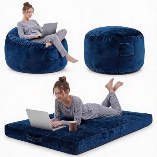 Garvee Sofá Puff 3 en 1 Amplio para Adultos, Sofá Cama Espacioso- Azul | Esponja de Alta Recuperación - Funda de Franela Extraíble y Lavable - para Salón, Dormitorio y Sala de Juegos