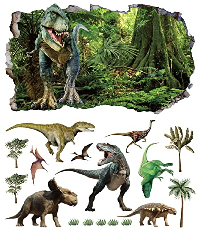 2Pcs Dinosaurier Dino Urzeit T-rex Wandtattoo 3D Effekt Wandsticker XXL Wanddurchbruch Tiere Fenster Wandaufkleber für Kinderzimmer Jungenzimmer Groß 1000mmx580mm v10