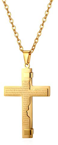 JewelryWe Herren Halskette, Edelstahl Englisch Bibel Gebet Kreuz Anhänger mit 55cm Kette, Gold, Ostern Geschenk