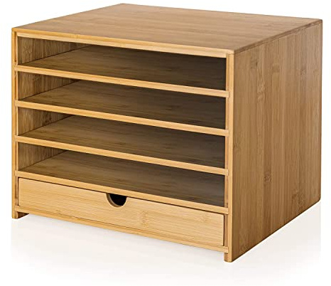 Prosumer's Choice Bamboo Four Cubby Paper Letter Tray Organizer with Single Pull-Out Drawer