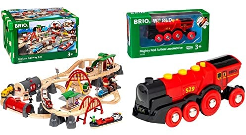 BRIO World 33052 Straßen & Schienen Bahn Set Deluxe – Straßen & Schienen Eisenbahn & World 33592 Rote Lola elektrische Lok – Batterie-Lokomotive mit Licht & Sound