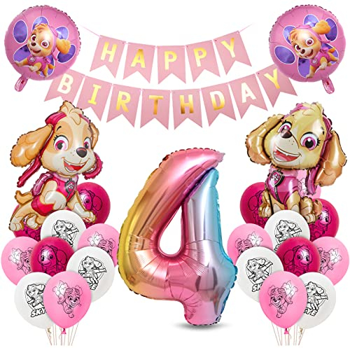 Geburtstagsdeko Mädchen, Hund Patrol Geburtstag Deko 4 Jahre, Sky Luftballons Set, Rosa Ballon Deko 4. Geburtstag, Folienballon Zahl 4, Happy Birthday Banner für Dekoration Kindergeburtstag Party