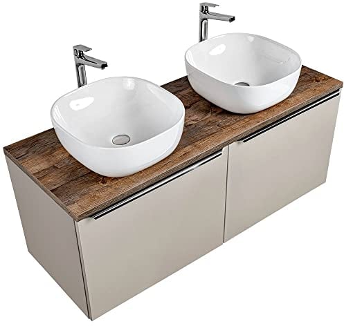 Lomadox Badmöbel Waschtisch-Unterschrank Set 120cm, Taupe mit Vintage Oak Eiche, 2 Keramik-Waschbecken, 2 Softclose-Schubkästen, B/H/T 120,4/62,5/46 cm