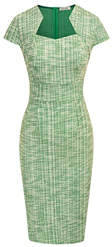 Grace Karin Damen Wunderschönes Arbeitskleid Bleistiftkleid Flügelärmel Sexy Bodycon Kleid, Grün (kariert), Mittel