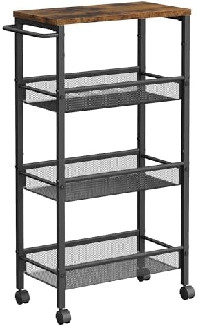 VASAGLE 4-Shelf Trolley, Space-Saving Kitchen Cart with Castors, Steel Frame, Handle, Trolley for Small Spaces, Kitchen Bathroom Living Room Studio, Rustic Brown and Black LRC033B01