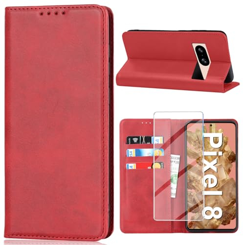 Handyhülle für Google Pixel 8 Hülle mit Displayschutzfolie, Schutzhülle Pixel 8 5G PU Lederhülle Wallet Kartenfach Standfunktion Stoßfest Klapphülle für Google 8 Flip Case Cover (Rot)