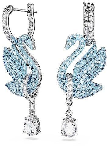 Swarovski Iconic Swan Ohrringe, Blaue und Rhodinierte Kreolen mit Strahlendem Schwan-Anhänger