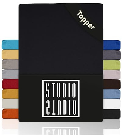 STUDIO Basic Topper Spannbettlaken 100x200cm – Jersey-Spannbetttuch aus 100 % gekämmter Baumwolle – Schwarz – bügelfrei, elastisch & Oeko-TEX Zertifiziert – für Topper 4–14 cm