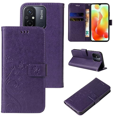 LBH Handy Hülle für Xiaomi Redmi 12C Case Handytasche Schmetterling Blumen Flower Standfunktion Schutzhülle Magnet Rundum Schutz 360 Grad Flipcase Cover Violett