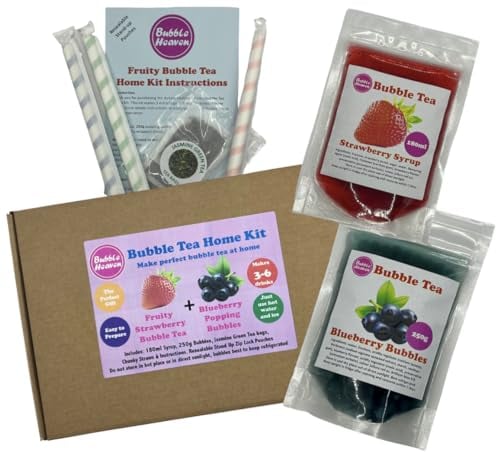 Fruity Strawberry with Blueberry Popping Bobas Bubble Tea Kit 3 to 6 Drinks