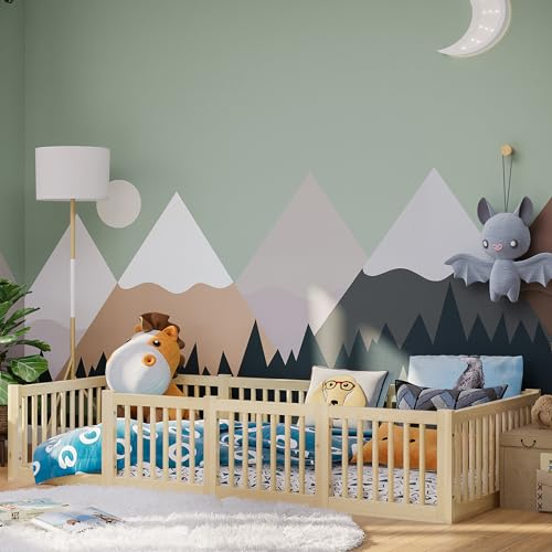 Bellabino Teno Kinderbett 90x200 cm mit Rausfallschutz, Bodenbett mit runden Streben, Montessori Kinderbett aus Kiefer Massivholz inkl. Lattenrost Natur lackiert