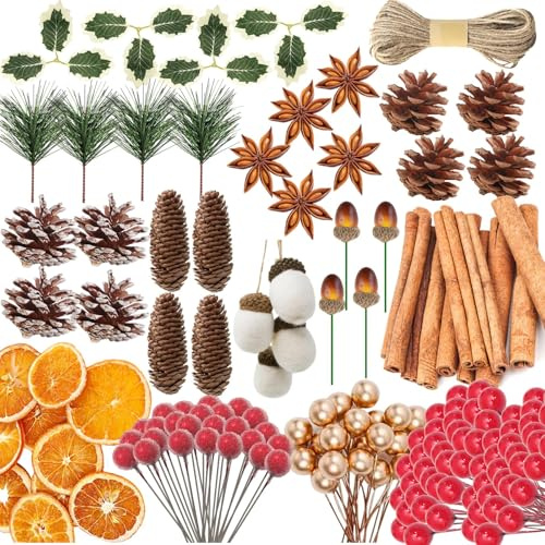 Christmas Wreath Making Supplies Kit 294 PCS Christmas Wreath Decorations Xmas Wreaths Making Supplies Accessories Cinnamon Stick Pine Cones Berries Dried Orange Slices for Garland Tree Crafting