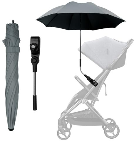 FINEVERNEK Sombrilla Carrito Bebe, Sombrilla para Cochecito de Bebé, Sombrilla Carrito Bebe Universal Anti UV con Abrazadera Ajustable, Sombrilla Carro Bebe para Cochecito-Gris