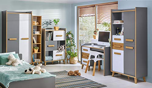 Jugendzimmer Set Werso 7-teilig – Komplettmöbel in Weiß, Riviera Eiche & Anthrazit – inkl. Bett 90x195 cm mit Lattenrost, Kleiderschrank, Schreibtisch, Regal, Kommode & Regalschrank