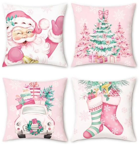 COZZSNUGE Weihnachten Kissenbezüge 45 x 45 cm, Rosa Weihnachtsmann Weihnachtsbaum Lastwagen Samtig Dekorative Kissenhülle Zierkissenbezüge für Sofa Wohnzimmer Zuhause 4er Set