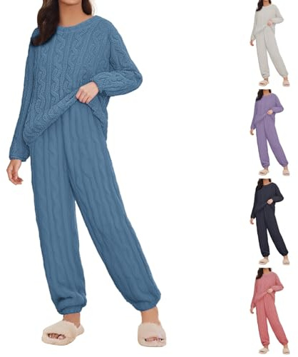 Generico Pigiama Donna Invernale Caldo Pigiama Pile Manica Lunga Morbido 2 Pz Abbigliamento da Casa Felpato Pigiami Spesso Confortevole Pigiami Set Leggero Termico Felpa e Pantaloni Sciolto Casual