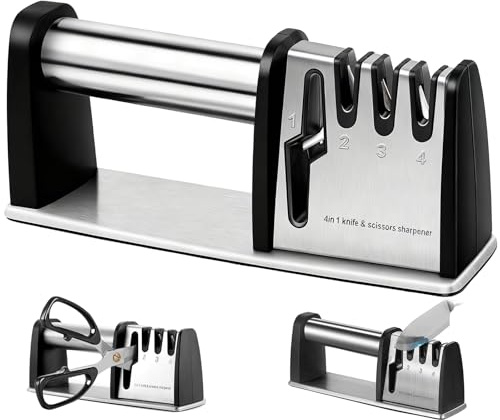 KINDLUME Afilador de Cuchillos Profesional, Afilador de Cuchillos, Afilar Manual, Afilar Cuchilla Profesional, 4 en 1 Afilado Fácil y Rápido, para Cocina, Cuchilla Domésticos, Tijeras