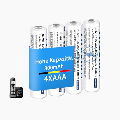 NiMH Batteria micro AAA 800 mAh 1,2 V per Telefoni Gigaset, Pile Ricaricabili AAA per Telefoni senza fili Panosonic, bassa autoscarica, ricarica rapida - 4 pezzi