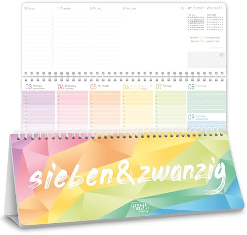 Häfft® Wochen-Tischkalender 2027 quer zum Aufstellen - für DE & AT | 1 Woche 2 Seiten, Wochenplaner Schreibtisch-Kalender Wochenkalender mit Sprüchen & Planungs-Hilfen Rainbow