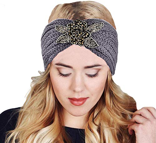 MoreChioce Stirnband Damen Winter,Böhmischen Damen Gestrickt Stirnbänder Winter Kopfband Elastische Haarband Mädchen Strass Blume Headwrap,Grau Blume