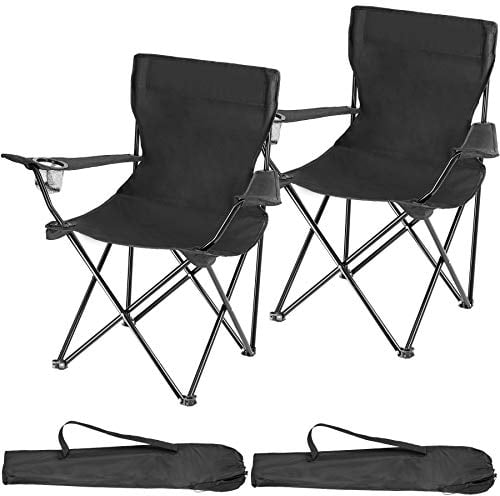 tectake® 2er Set Camping Stühle, Klappstuhl, Angelstuhl faltbar, Stuhl mit Armlehne und Getränkehalter inkl. Tragetasche, bequemer Stuhl für Balkon, Gartenstuhl, Festival Zubehör Camping - schwarz