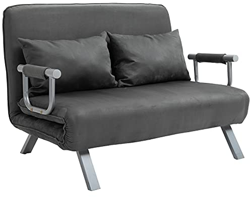 HOMCOM Schlafsofa Schlafcouch mit Verstellbarer Rückenlehne, Wurfkissen, Sofa mit Schlaffunktion, Samtoptik, Armlehne, Gästebett, Klappsessel für Wohnzimmer, Schlafzimmer, Grau