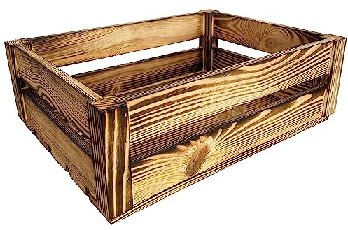 WoodGall Geflammte Holzkiste Vintage ohne Deckel 40x30x13CM- solide Kiefern holzbox als Deko- oder Weinkiste, auch als Geschenkkorb leer - ideal für Holzkiste Regal und als Obst-Aufbewahrungskiste