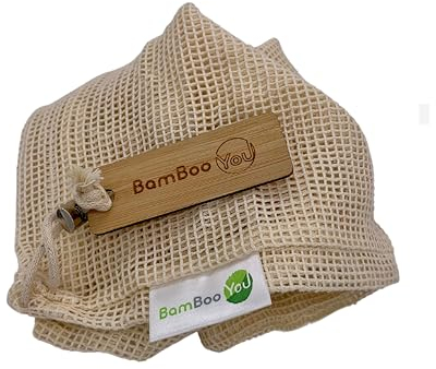 BamBoo-You Pack of 3 Reusable Cotton Muslin Bags with drawstring to keep your belongings safe an easy to use and wash mesh bags with bamboo tag (34cm x 31cm)